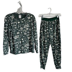 Victoria's Secret PINK Green Thermal Holiday Pajama Set Sz XS/Small Waffle Knit